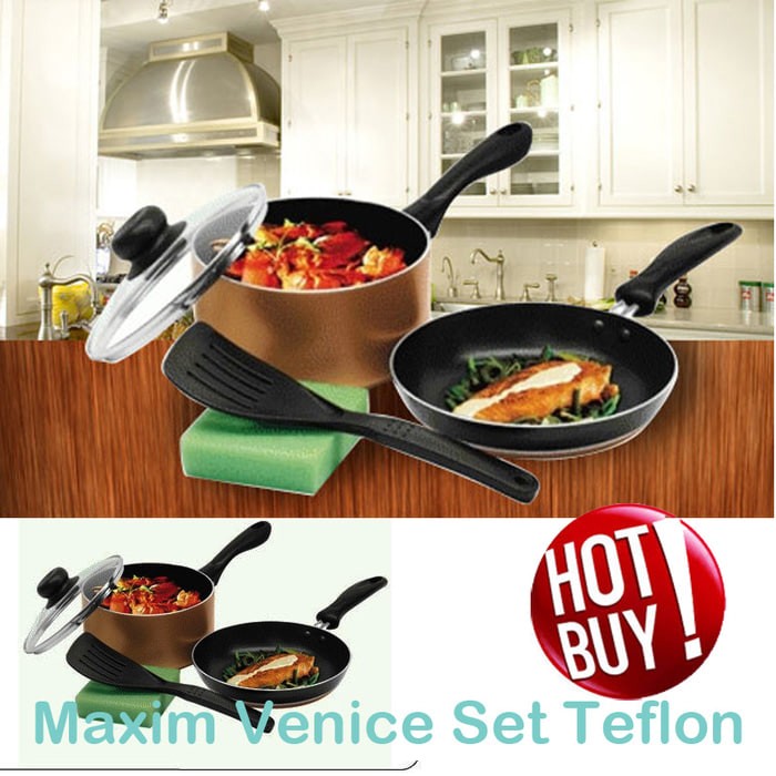 MAXIM VENICE SET (PANCI 17cm+TUTUP KACA+WAJAN 20cm+SPATULA+SPONGE)