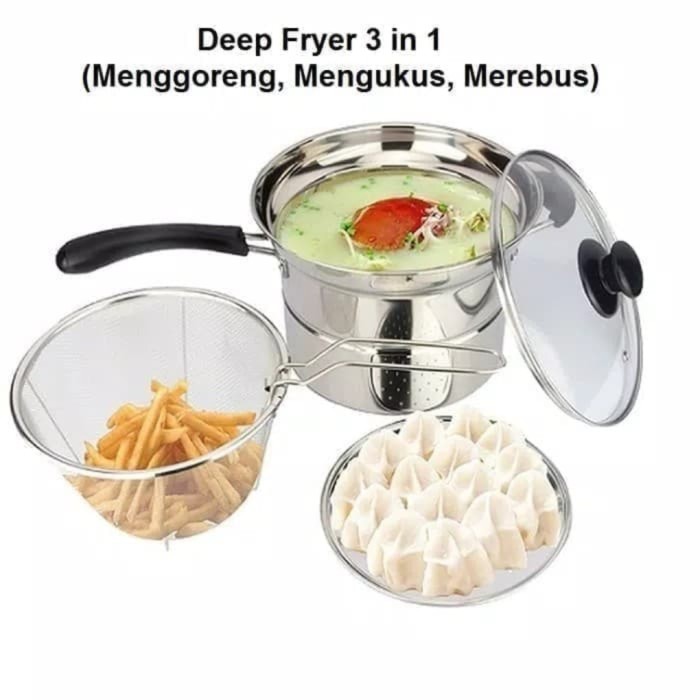 Deep Fryer 22 cm Multifungsi pot 3 in 1 - Stainless/ Panci Multifungsi