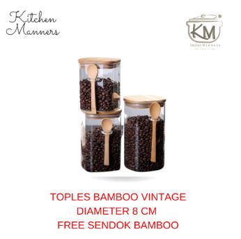 Toples Kaca borosilicate Bamboo kedap udara Wadah + Bamboo Spoon Diameter 8 cm WFG002 Series-8x30 cm