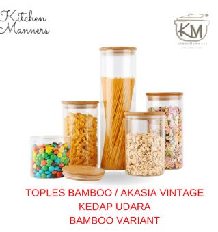 VIntage Toples Kaca Bamboo Lid Canister Jar Kue Makanan Bumbu Spagethi Buah Sayur Diameter 10cm-10x30cm