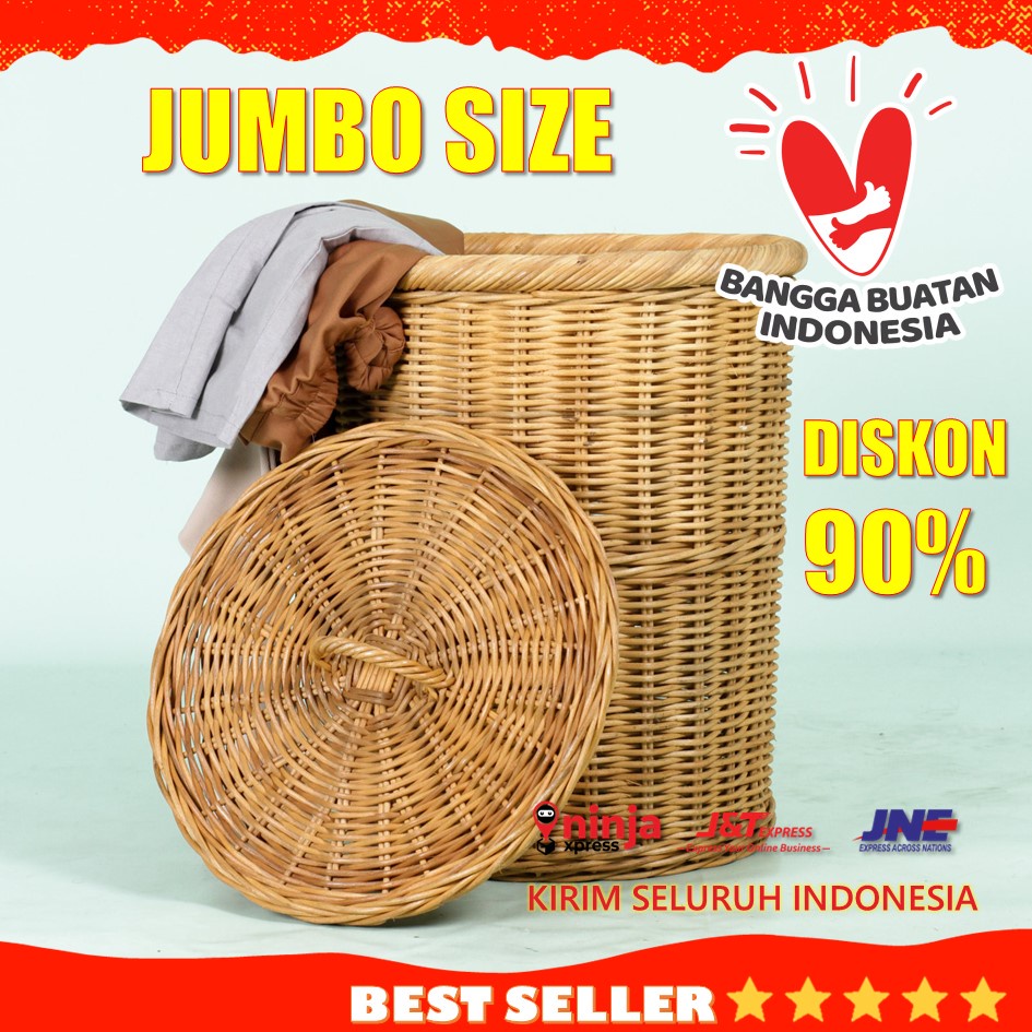 Keranjang Laundry Bulat Rotan Alami Anyaman Untuk Pakaian Kotor Tempat Cucian (Natural Besar)