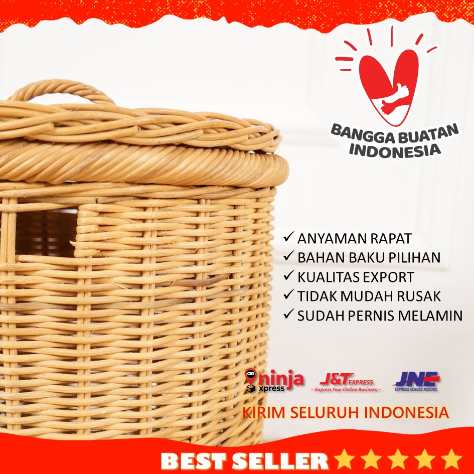 Keranjang Laundry Bulat Rotan Alami Anyaman Untuk Pakaian Kotor Tempat Cucian (Natural Besar)
