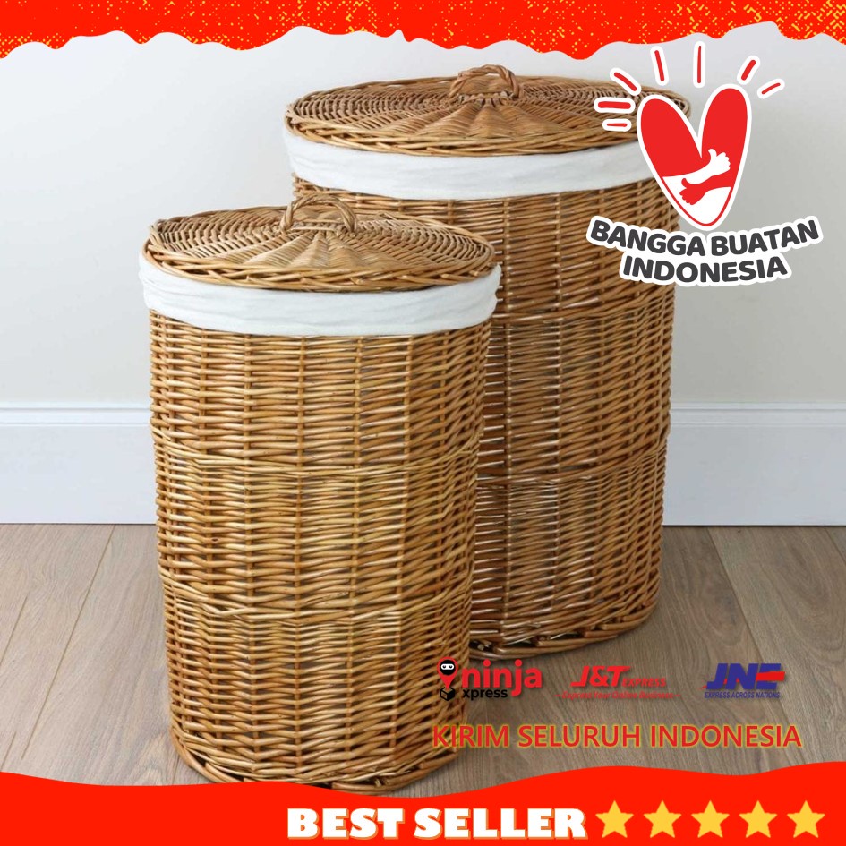 Keranjang Laundry Bulat Rotan Alami Anyaman Untuk Pakaian Kotor Tempat Cucian (Natural Besar)