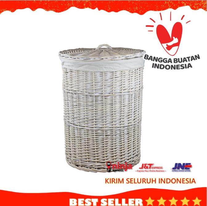 Keranjang Laundry Bulat Rotan Alami Anyaman Untuk Pakaian Kotor Tempat Cucian (Putih Besar)