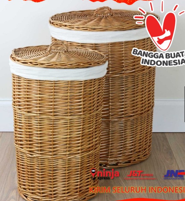 Keranjang Laundry Bulat Rotan Alami Anyaman Untuk Pakaian Kotor Tempat Cucian (Putih Besar)