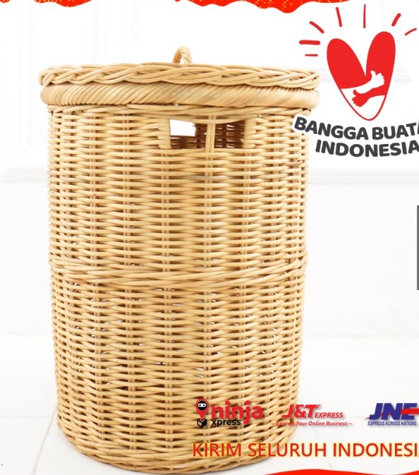 Keranjang Laundry Bulat Rotan Alami Anyaman Untuk Pakaian Kotor Tempat Cucian (Putih Besar)
