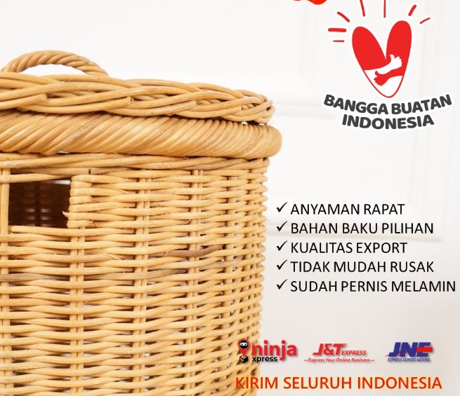 Keranjang Laundry Bulat Rotan Alami Anyaman Untuk Pakaian Kotor Tempat Cucian (Putih Besar)