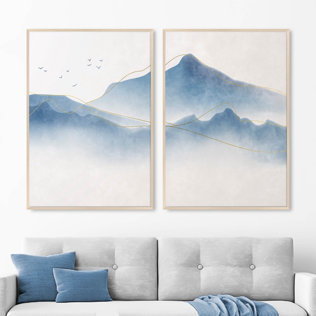 Hiasan Dinding Ruang Tamu Minimalis 80x57cm & 40x57cm INCLUDE FRAME - Wall Decor MOUNTAIN BLUE AND WHITE SIMPLE DESIGN -  Wall Decor Ruang Tamu Kamar Pajangan Rumah Lukisan Art Canvas HIASAN DINDING Rumah Home Decor Aesthetic
