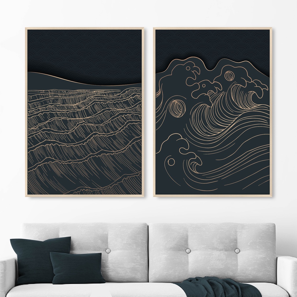 Hiasan Dinding Ruang Tamu Minimalis 80x57cm & 40x57cm INCLUDE FRAME - WALL DECOR FANCY ABSTRACT BLACK AND GOLD DESIGN