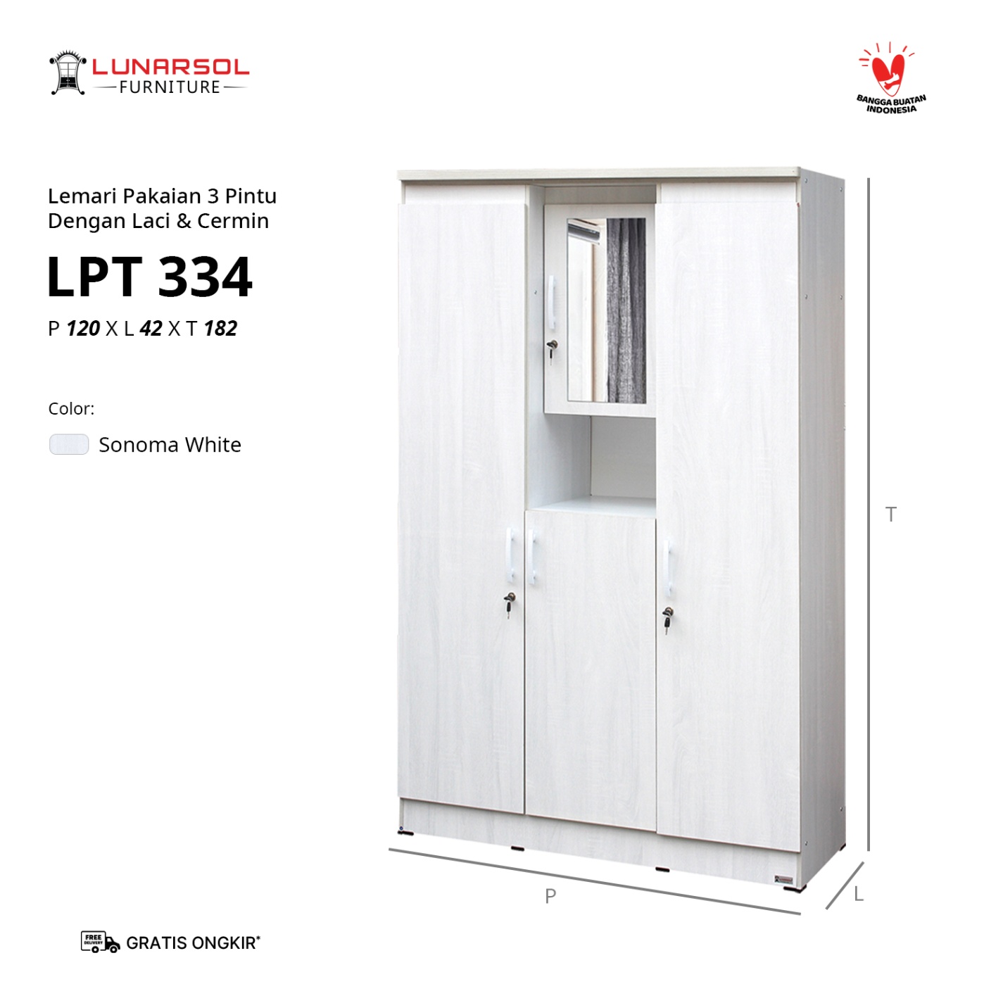 LUNARSOL LPT 334 Lemari Pakaian 3 Pintu Dengan Cermin Modern Minimalis