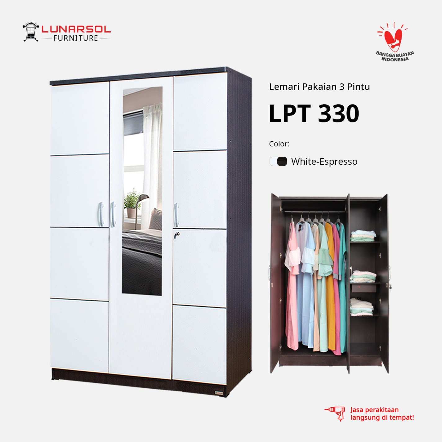 LUNARSOL LPT 330 Lemari Pakaian 3 Pintu Lemari Pakaian Gamis Minimalis