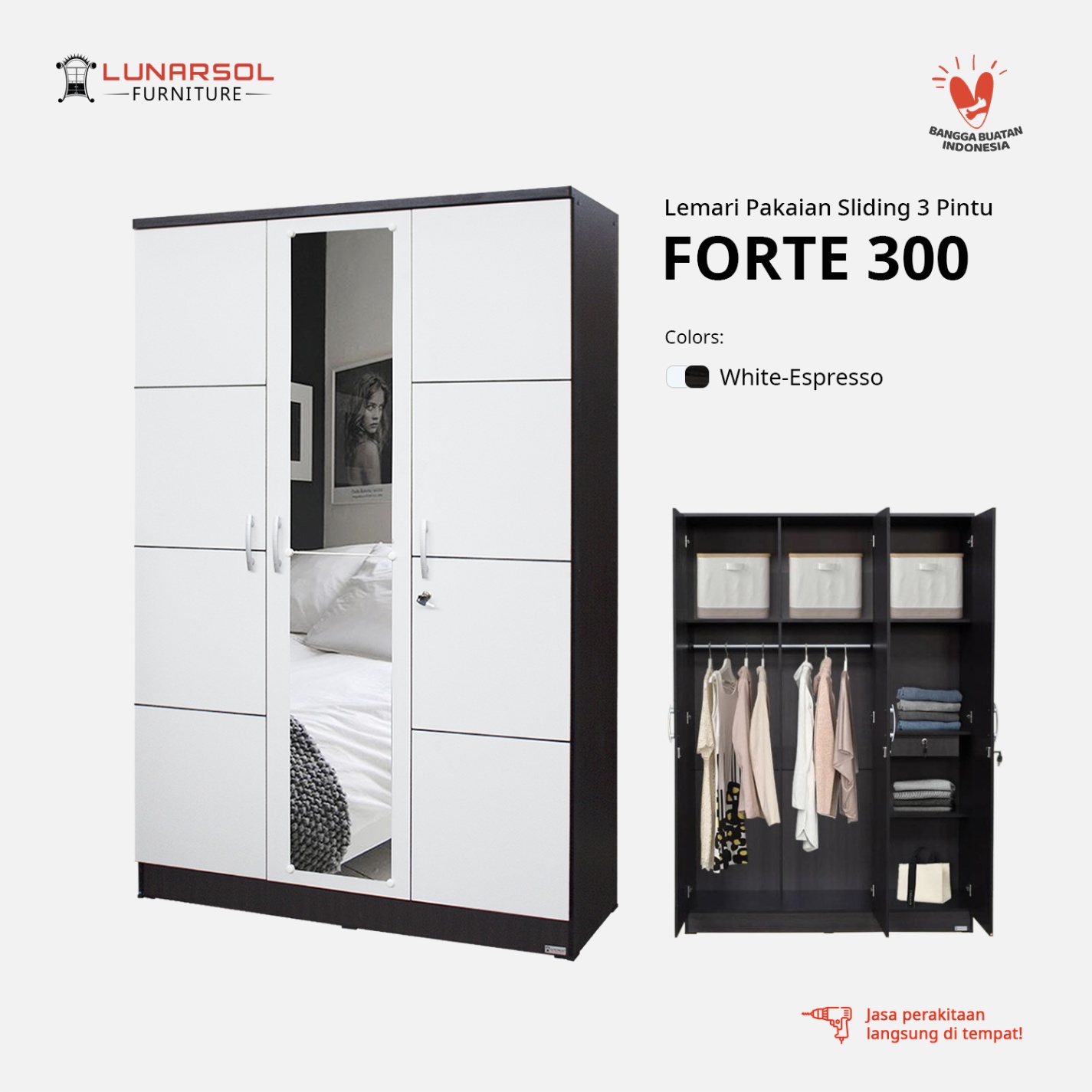LUNARSOL FORTE 300 Lemari Pakaian Besar 3 Pintu Lemari Baju Cermin Min
