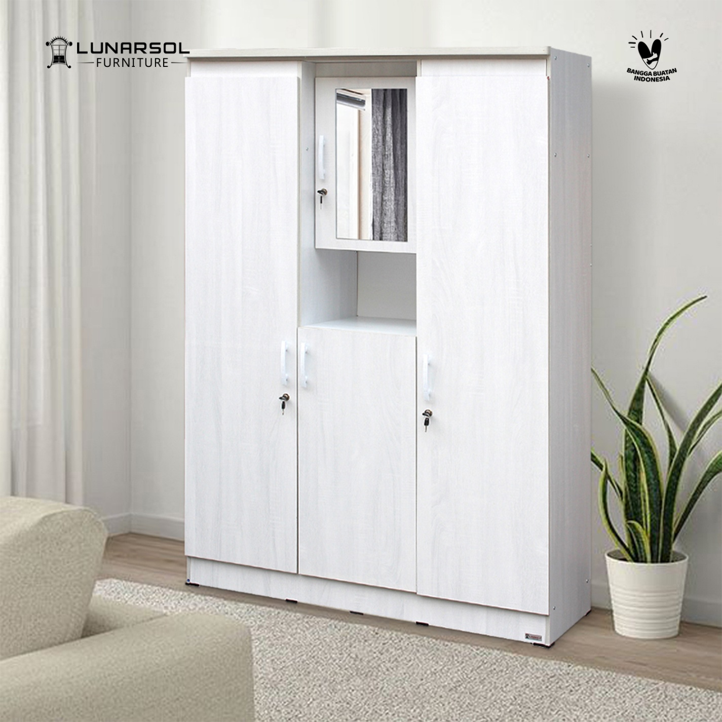 LUNARSOL LPT 334 Lemari Pakaian 3 Pintu Dengan Cermin Modern Minimalis
