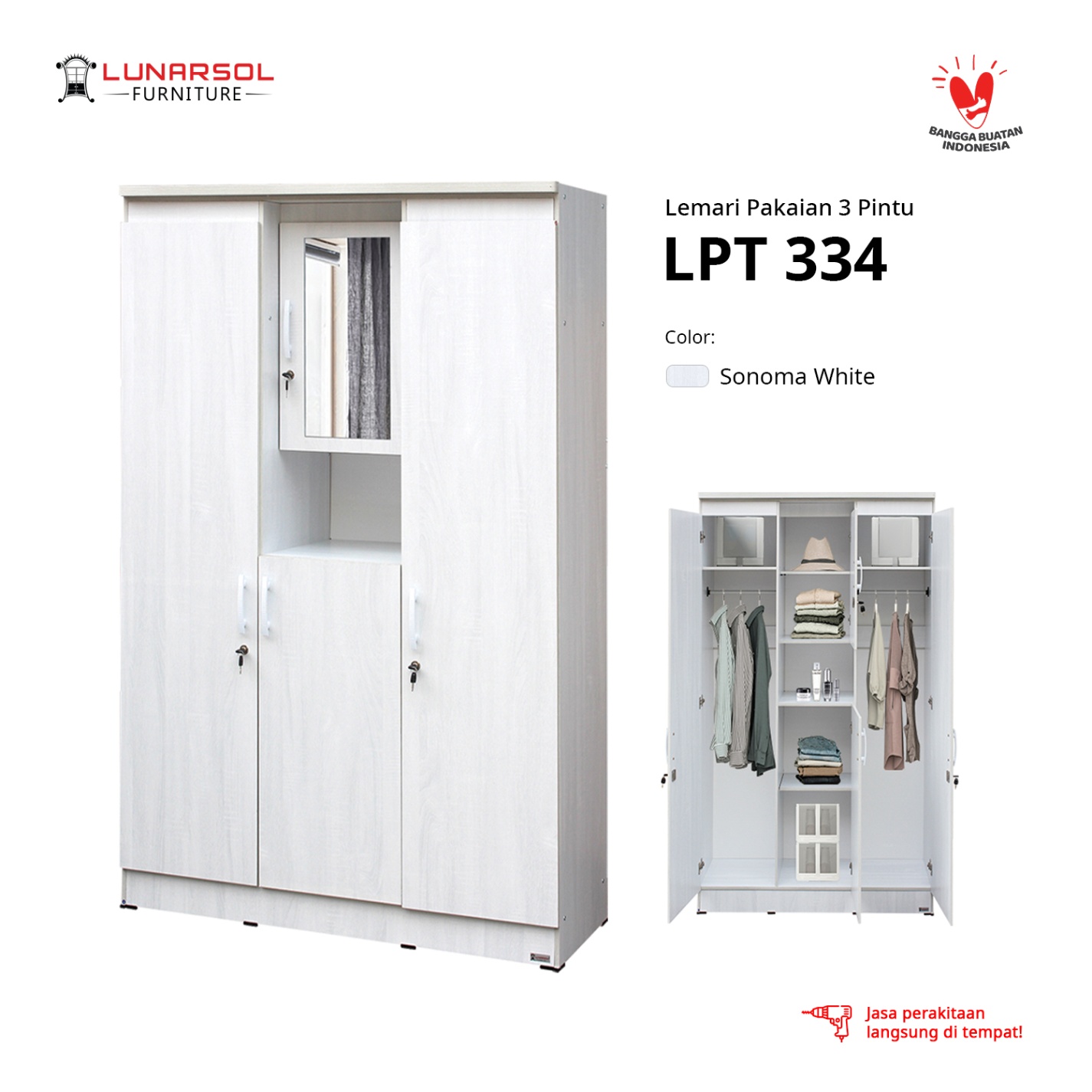 LUNARSOL LPT 334 Lemari Pakaian 3 Pintu Dengan Cermin Modern Minimalis