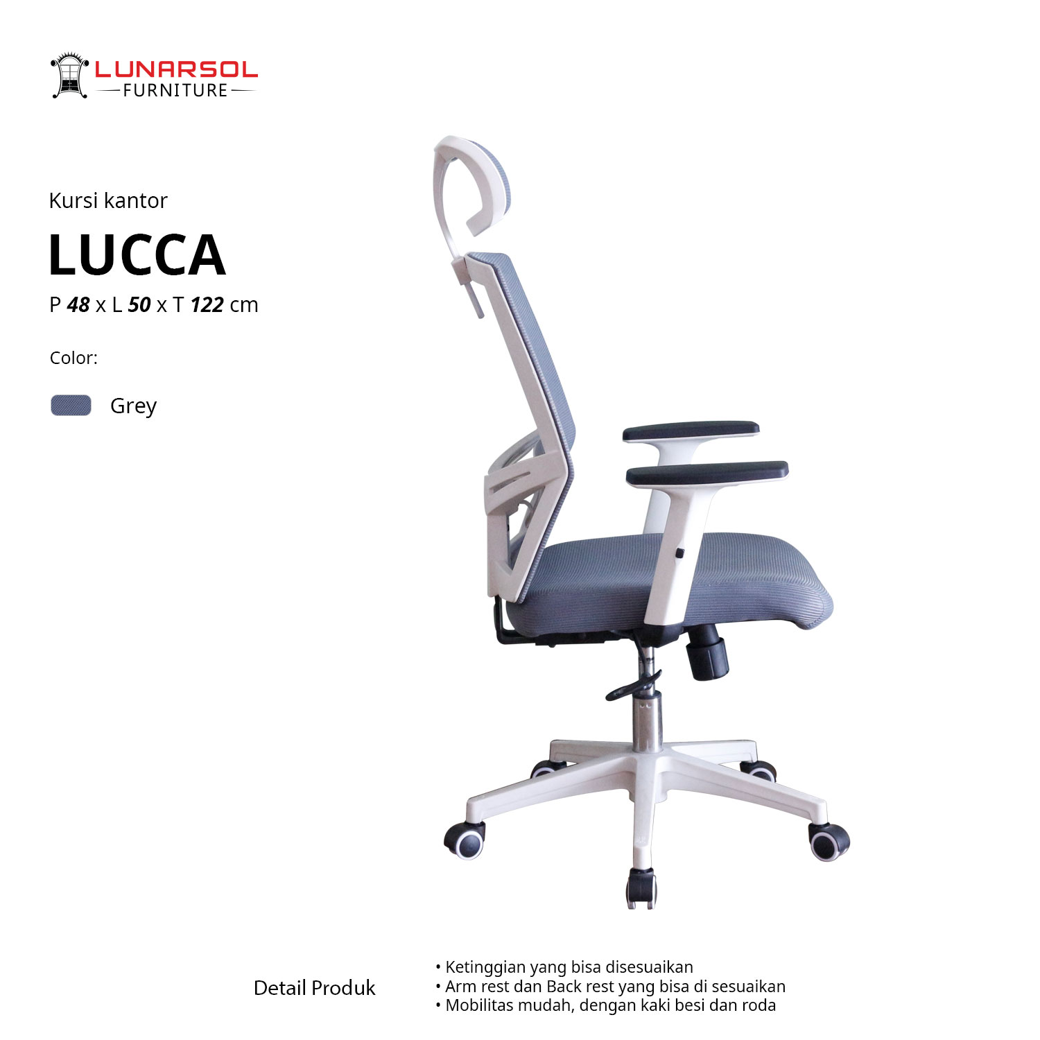 LUNARSOL LUCCA Kursi Jaring Hidrolik | Kursi Kantor | Kursi Kaki Roda
