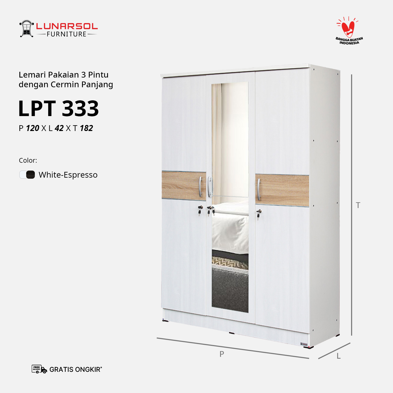 LUNARSOL LPT 333 Lemari Pakaian 3 Pintu dengan Cermin Panjang Lemari P