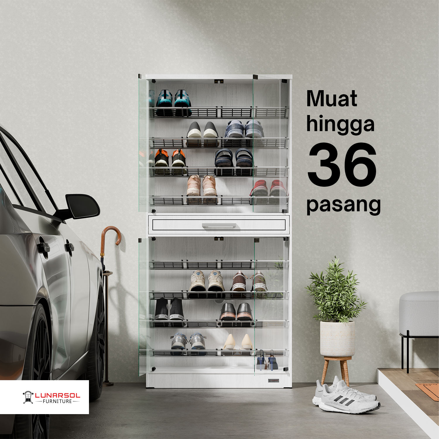 LUNARSOL HUGA 4700 Rak Sepatu Kaca 45 Pasang dengan Laci Penyimpanan