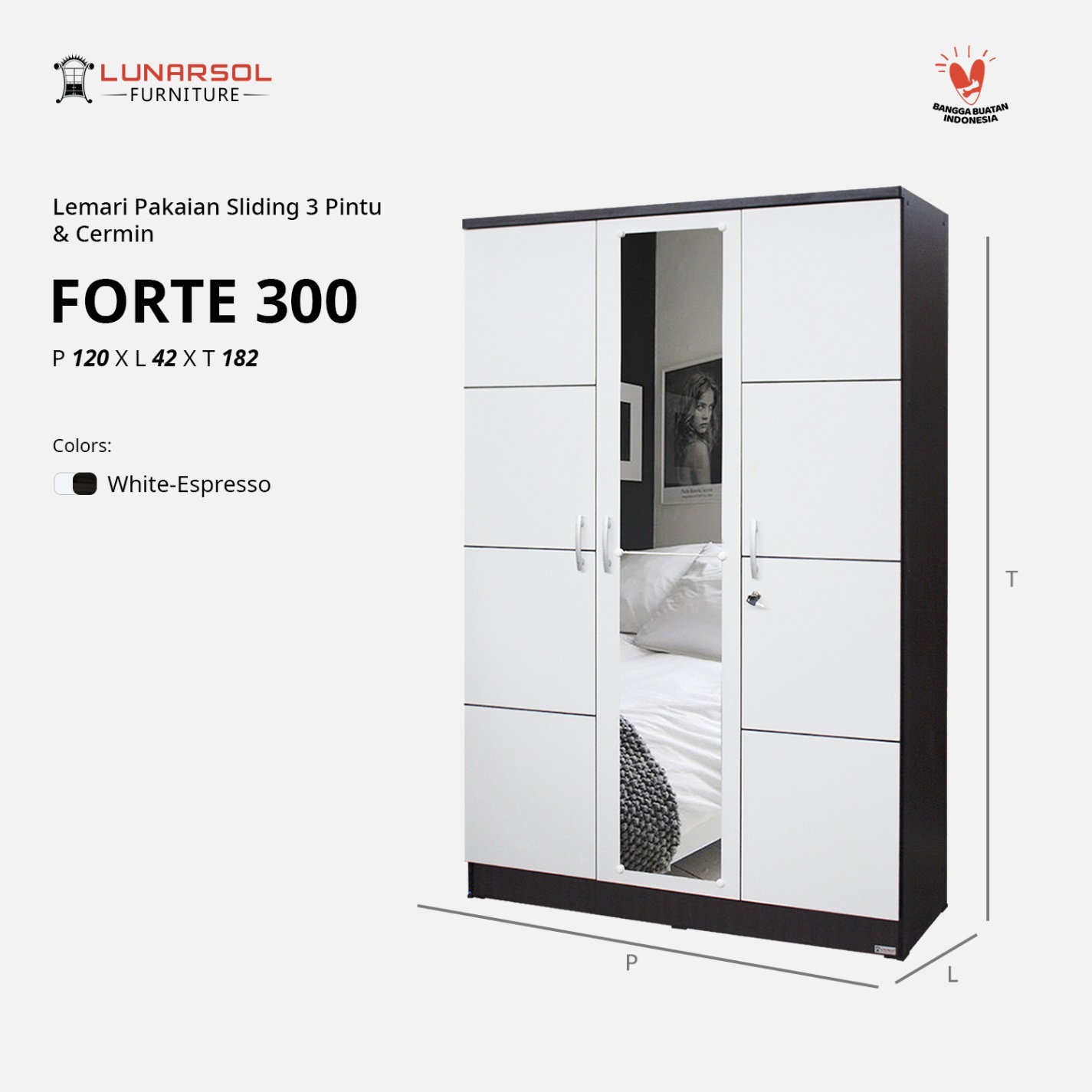 LUNARSOL FORTE 300 Lemari Pakaian Besar 3 Pintu Lemari Baju Cermin Min