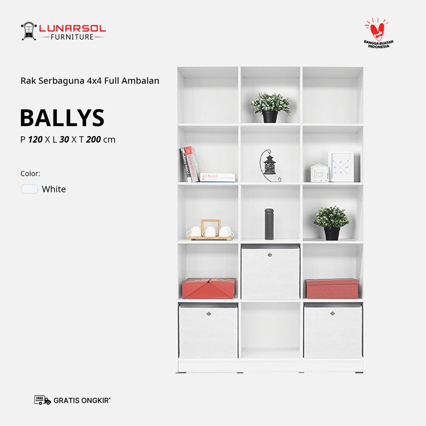 LUNARSOL Ballys Lemari 4x4 Serbaguna | Lemari Buku | Rak Terbuka