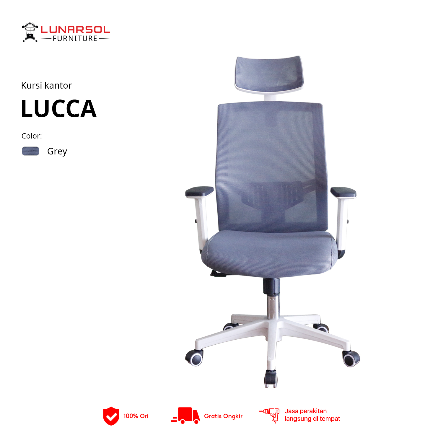 LUNARSOL LUCCA Kursi Jaring Hidrolik | Kursi Kantor | Kursi Kaki Roda