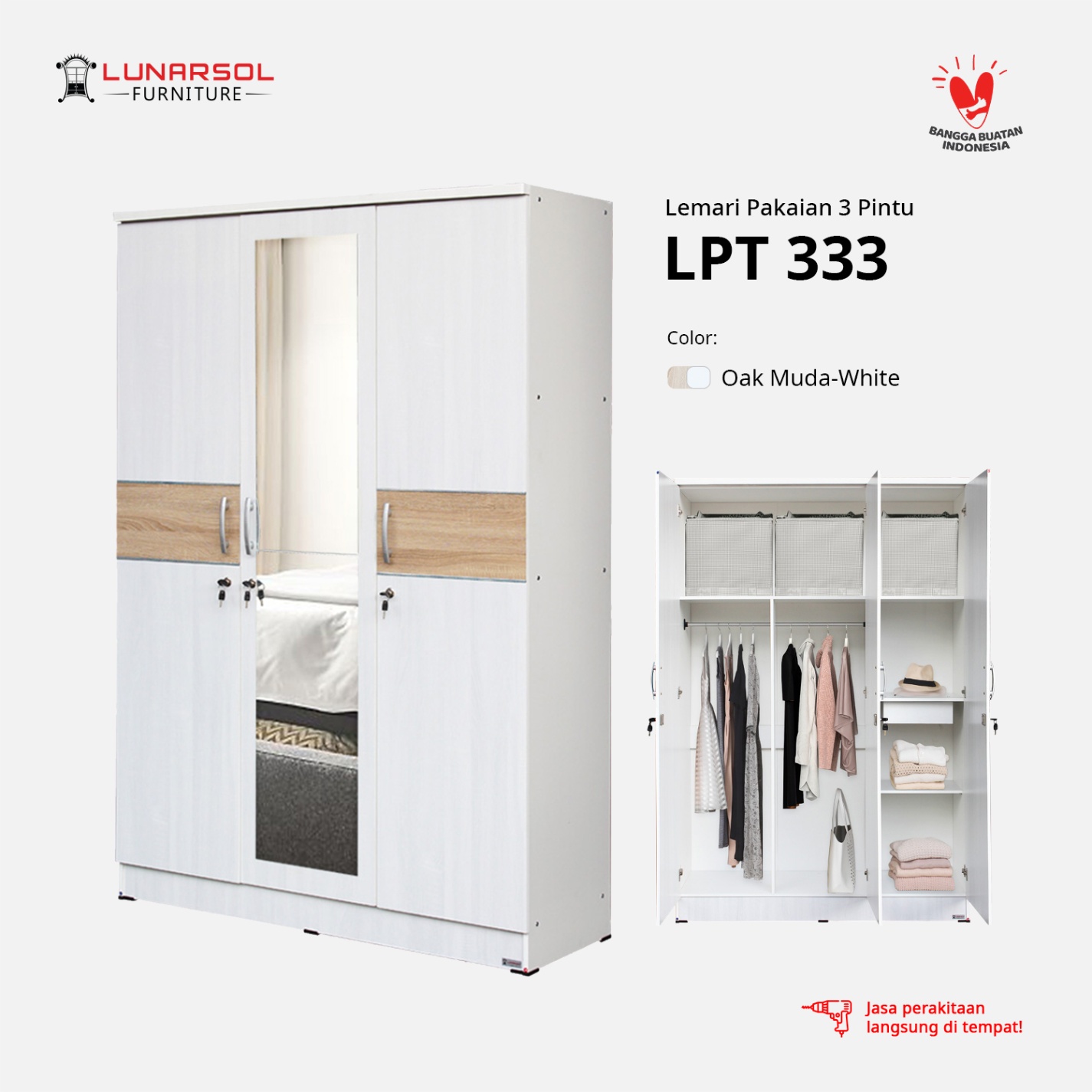 LUNARSOL LPT 333 Lemari Pakaian 3 Pintu dengan Cermin Panjang Lemari P