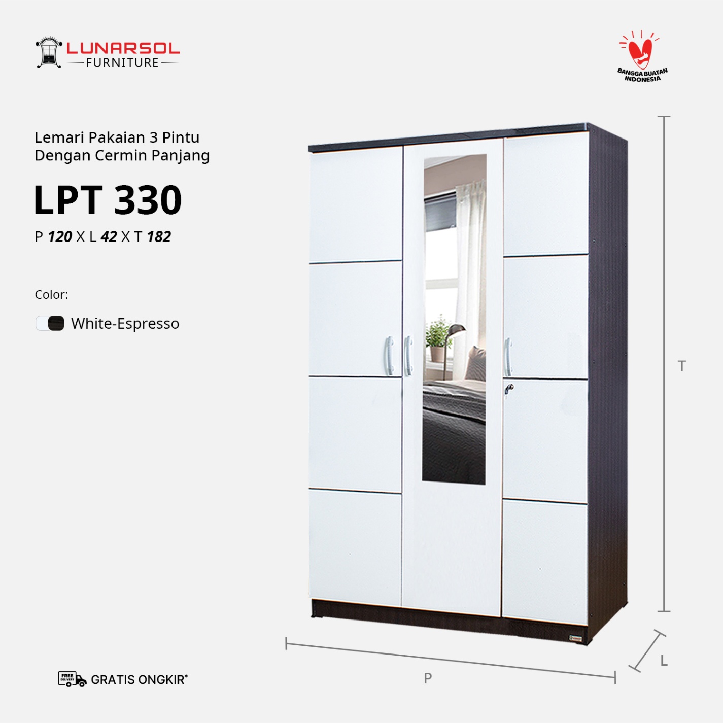 LUNARSOL LPT 330 Lemari Pakaian 3 Pintu Lemari Pakaian Gamis Minimalis