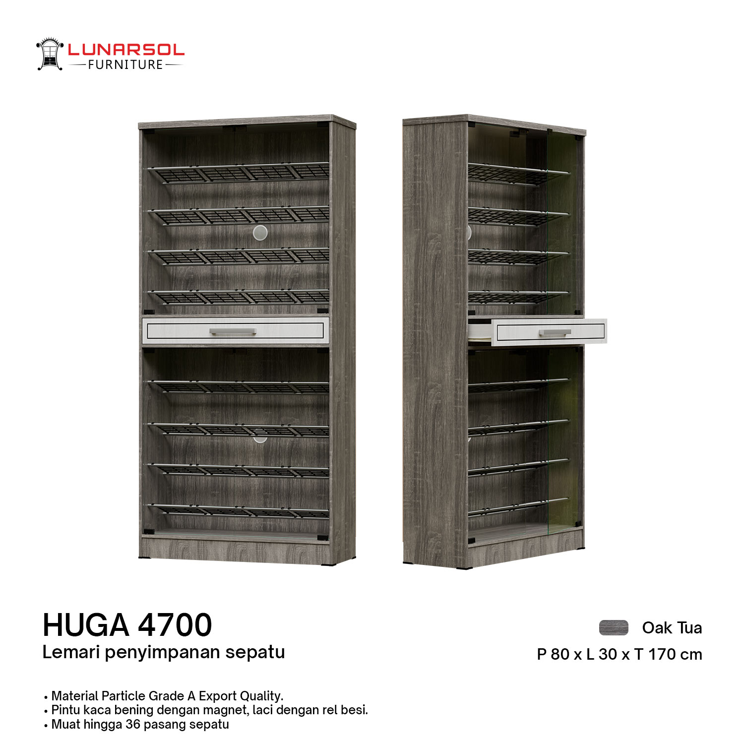 LUNARSOL HUGA 4700 Rak Sepatu Kaca 45 Pasang dengan Laci Penyimpanan