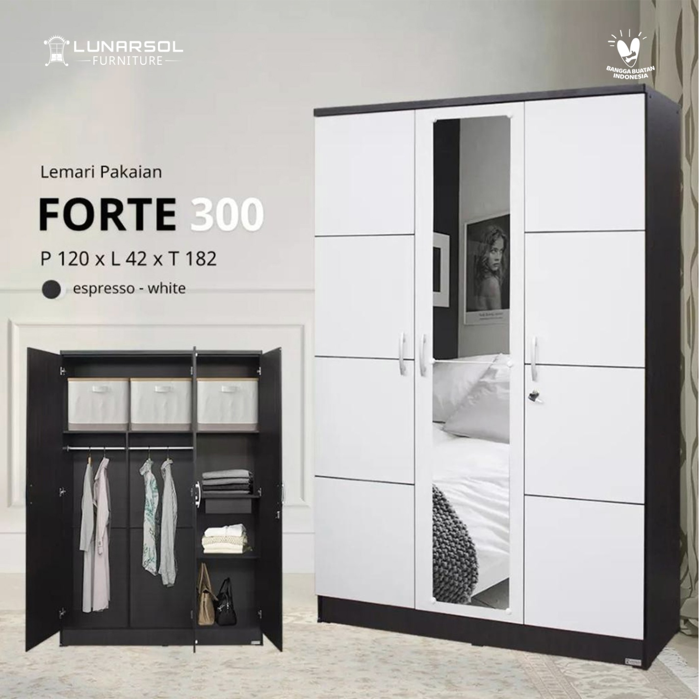 LUNARSOL FORTE 300 Lemari Pakaian Besar 3 Pintu Lemari Baju Cermin Min