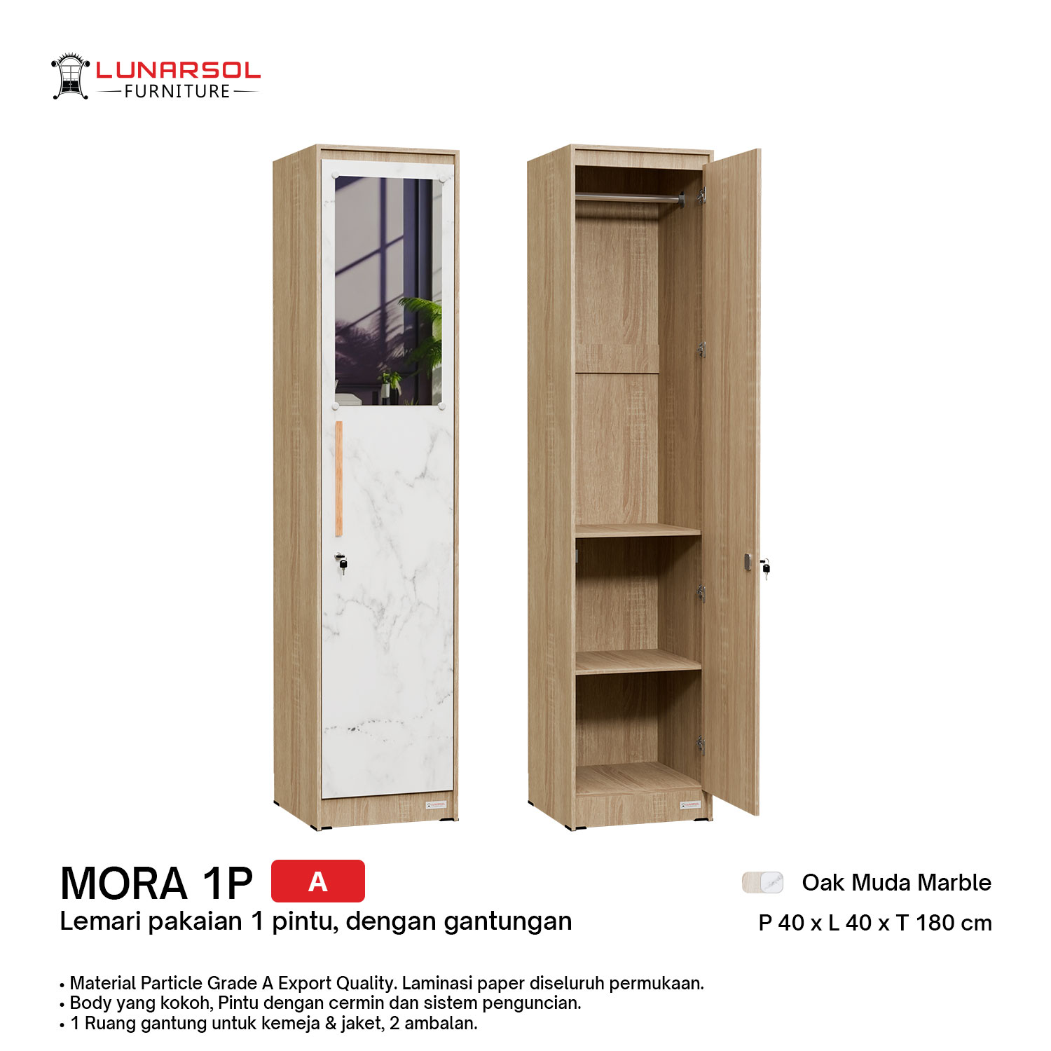 LUNARSOL MORA 1 Series Lemari 1 Pintu | Lemari Pakaian Minimalis