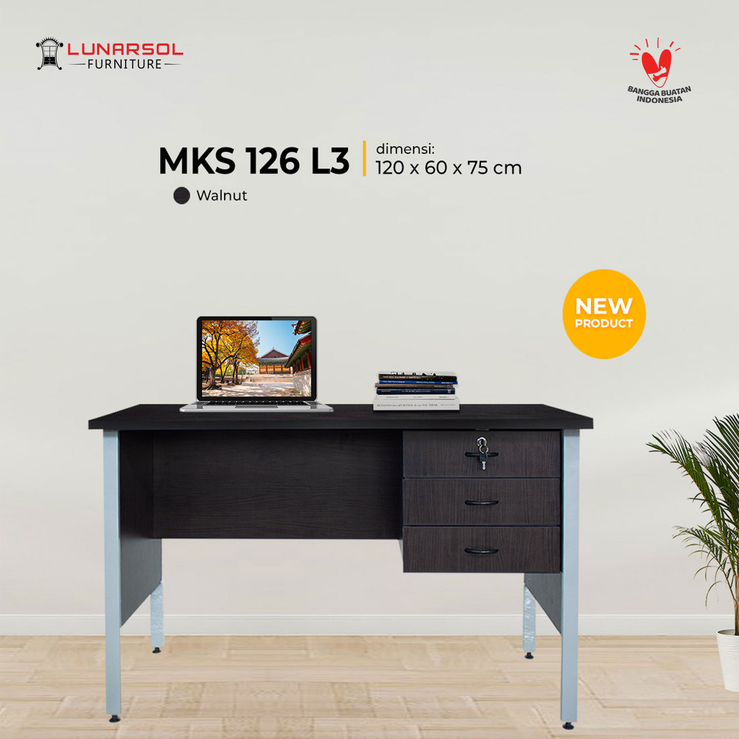 LUNARSOL Meja Kantor | Meja Kios | Meja Tulis MKS 126 dengan Laci
