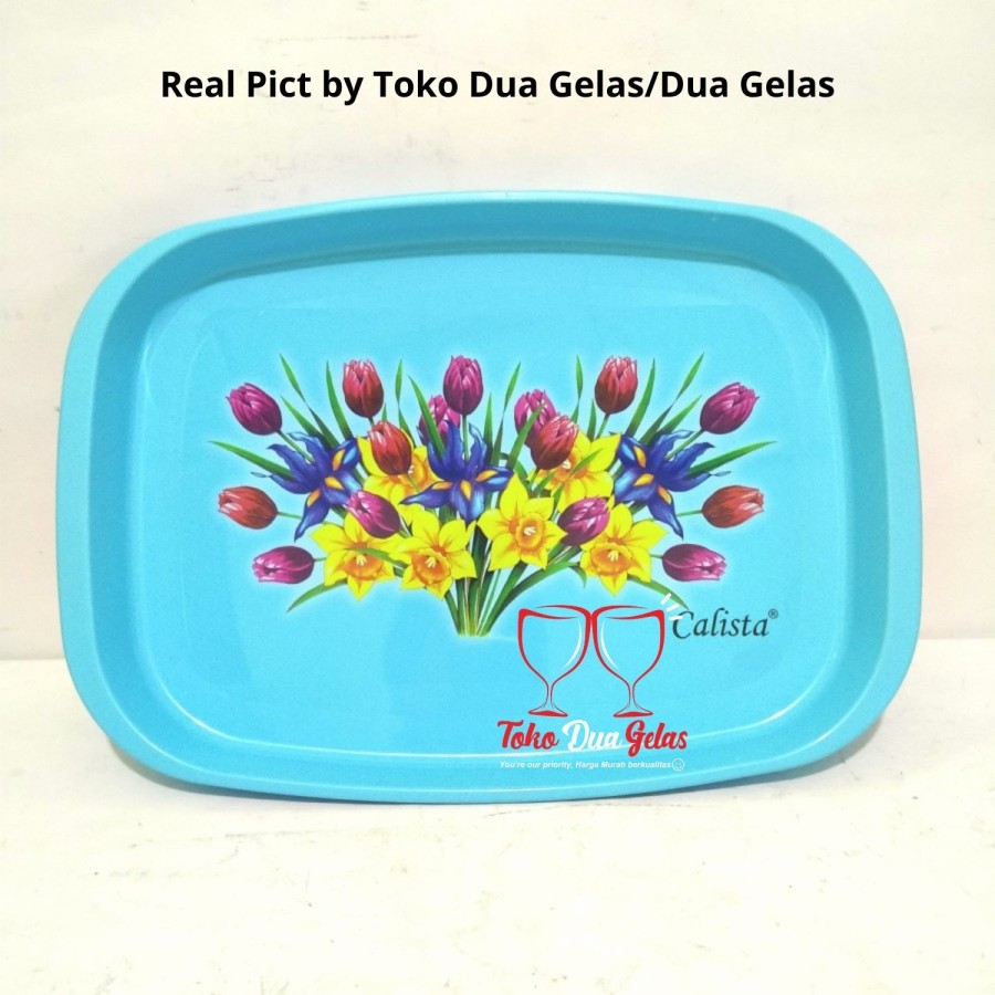 nampan plastik calista biru tebal motif bunga kembang calista persegi