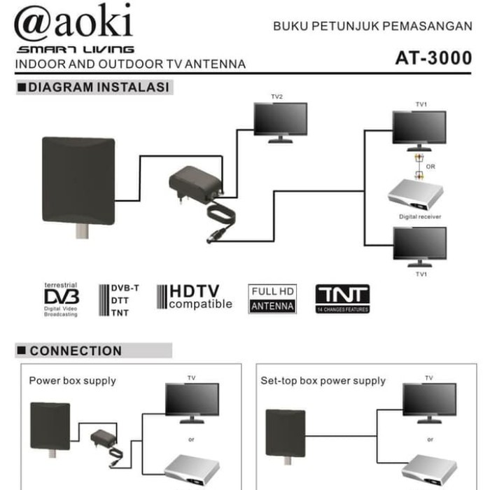 Jual ANTENA TV DIGITAL AOKI AT 3000 LUAR DALAM INDOOR OUTDOOR