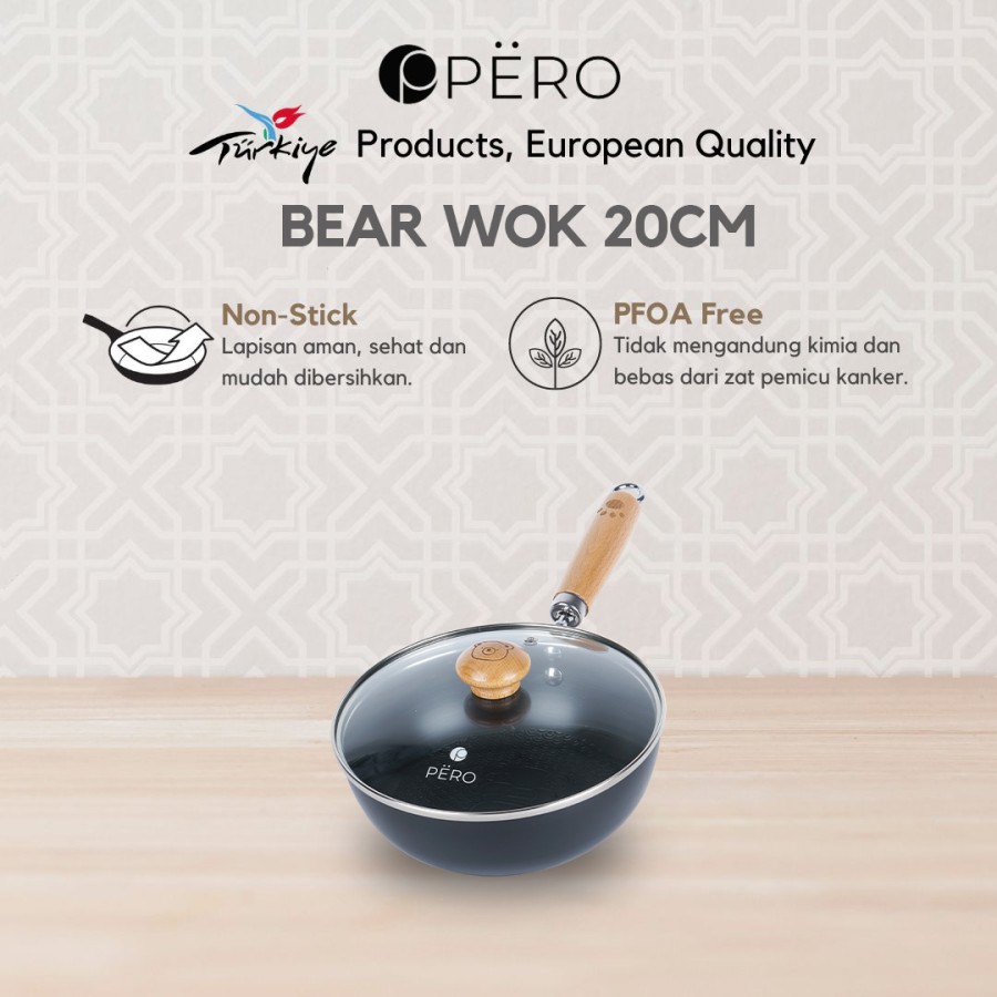 Pero Bear Wok Pan Iron Black with Lid 20cm