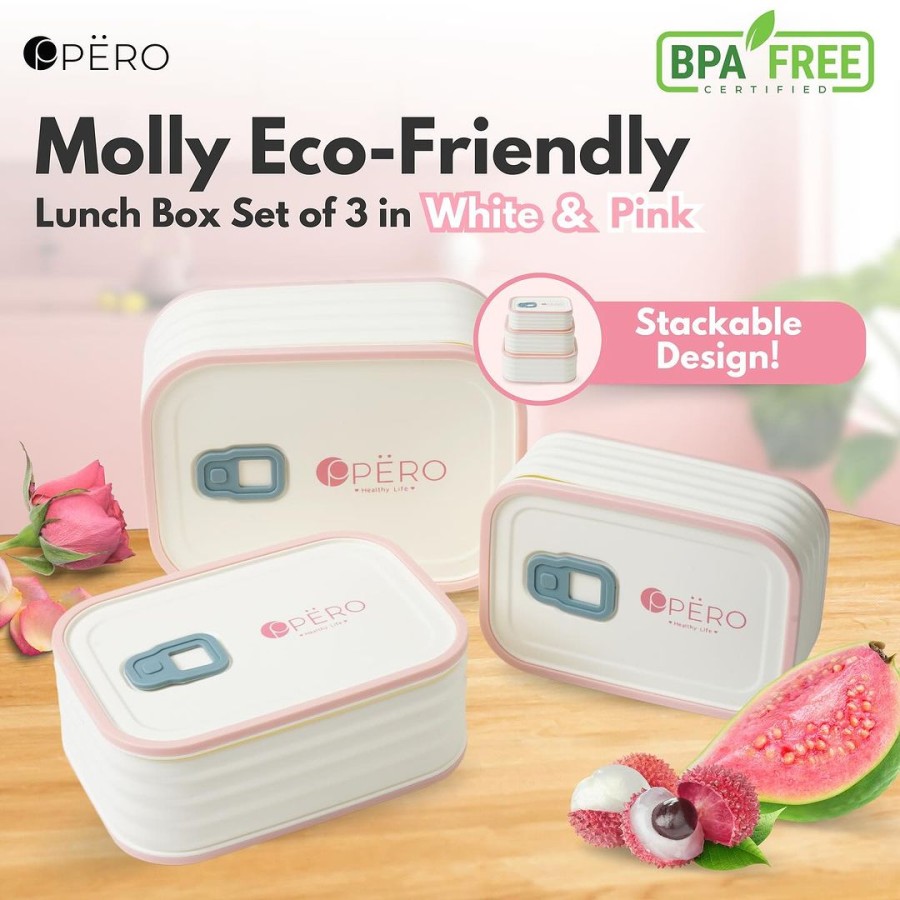 Pero Kids Molly Eco-friendly Lunch Box 1500ML Set of 3 White & Pink