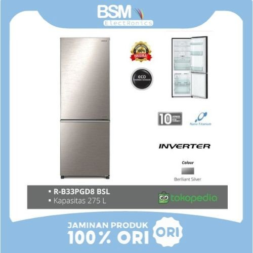 HITACHI Kulkas R-B33PGD8 BSL / BBK 275Liter Bottom Freezer RB33PGD8
