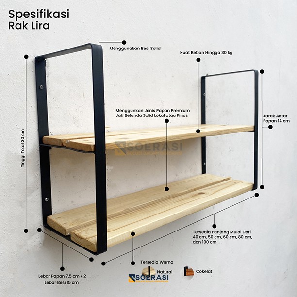 Rak dinding susun lebar besi dan kayu penyimpanan minimalis vintage