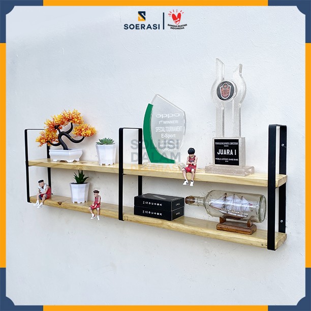 TORA 1M Rak Dinding 2 Ambalan Kayu Besi Buku Make Up Hiasan Dekorasi - Natural, 100 Cm