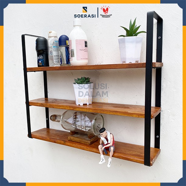 FUJI rak dinding 3 ambalan kayu dan besi buku make up hiasan dekorasi - Cokelat