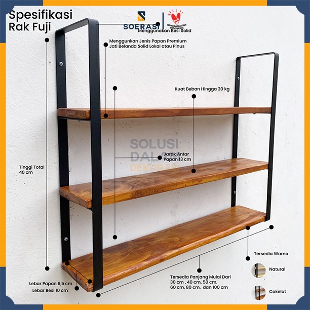 FUJI rak dinding 3 ambalan kayu dan besi buku make up hiasan dekorasi - Natural