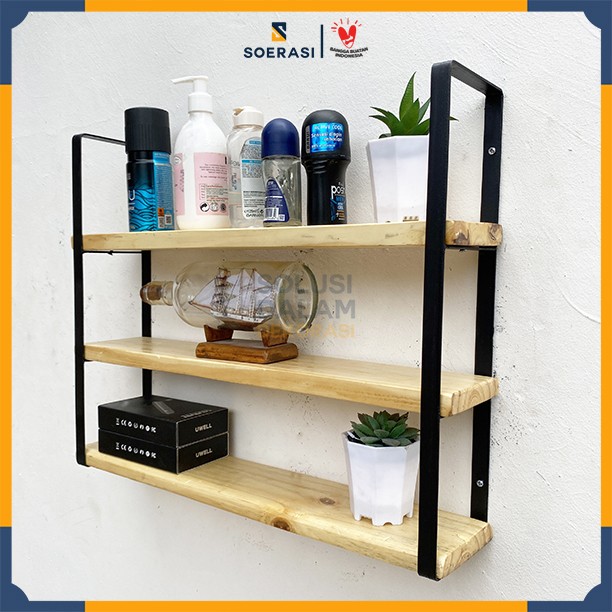 FUJI rak dinding 3 ambalan kayu dan besi buku make up hiasan dekorasi - Natural