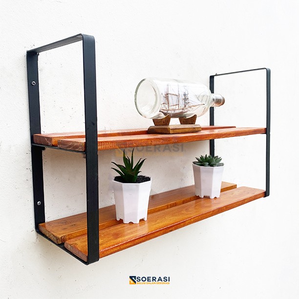 Rak dinding susun lebar besi dan kayu penyimpanan minimalis vintage