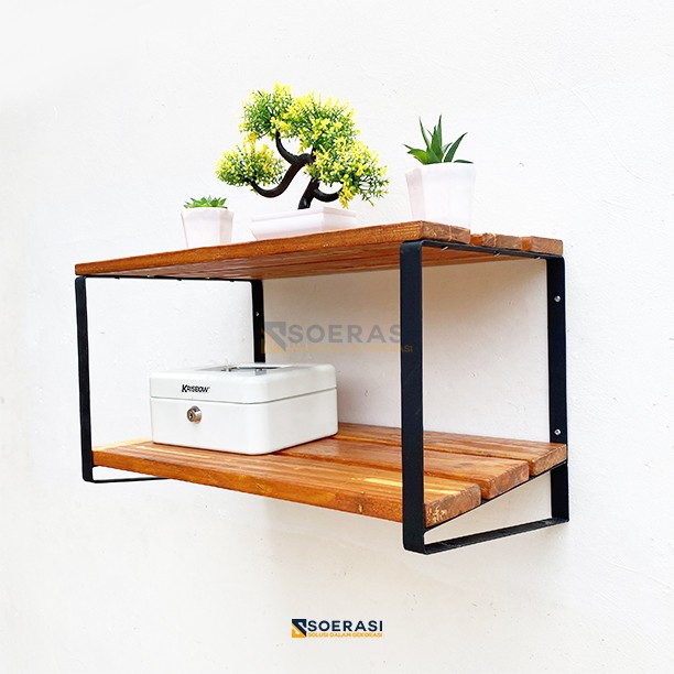 PURI Rak dinding buku helm retro besi dan kayu siku guninco minimalis