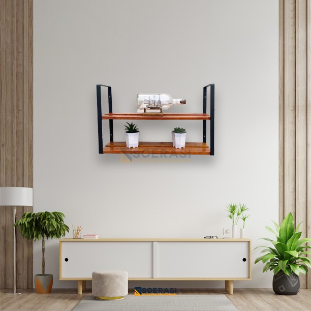 Rak dinding susun lebar besi dan kayu penyimpanan minimalis vintage