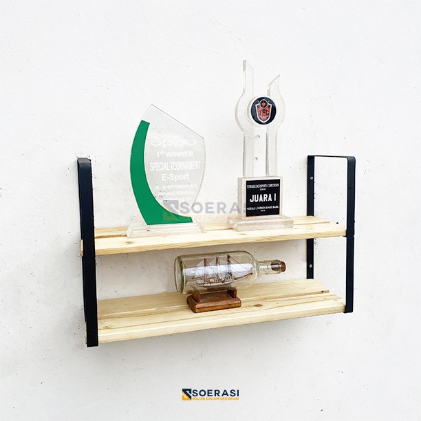 Rak dinding susun lebar besi dan kayu penyimpanan minimalis vintage