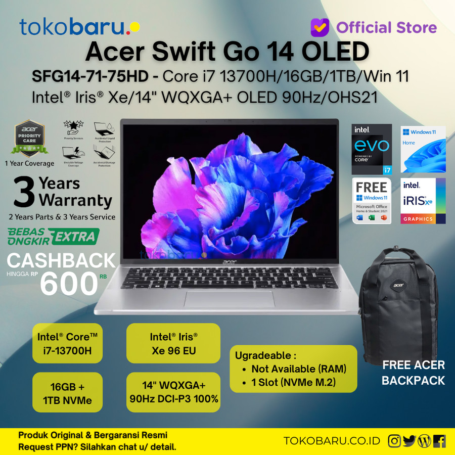 Jual ACER Swift GO 14 Oled SFG14-71-75HD 13Th Gen EVO i7-13700 16GB 1TB OHS