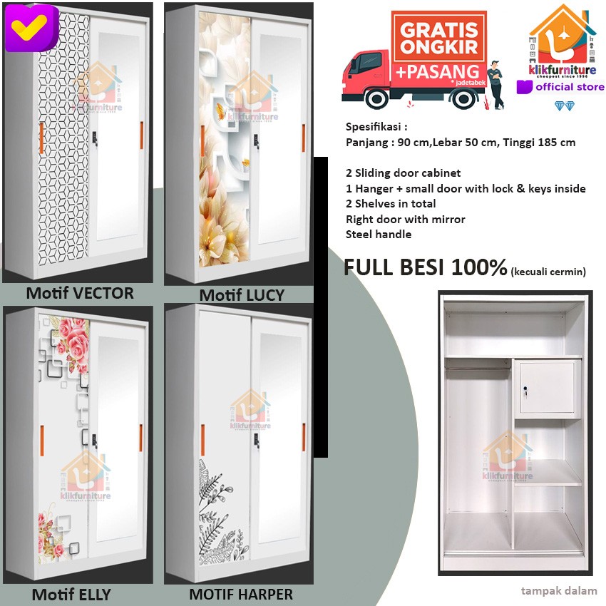 PROMO Lemari Pakaian Besi Pintu SLIDING Anti Rayap Air SPAZIO 90