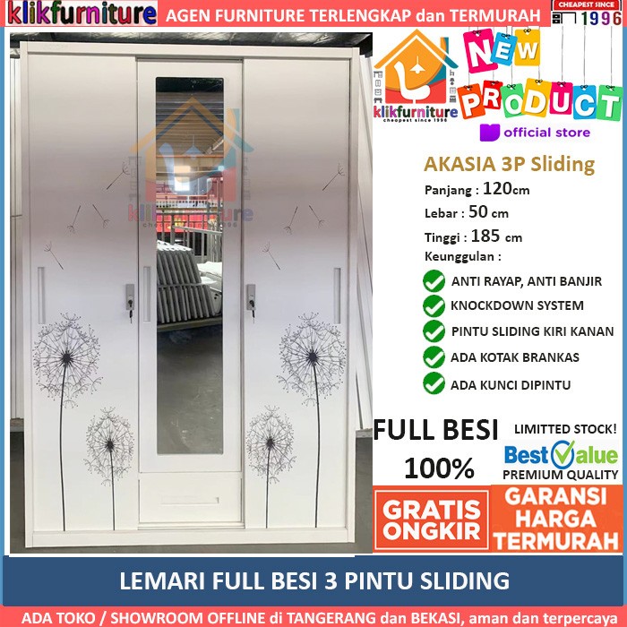 Lemari Pakaian Besi 3 Pintu Sliding AKASIA 3P  Cermin Laci