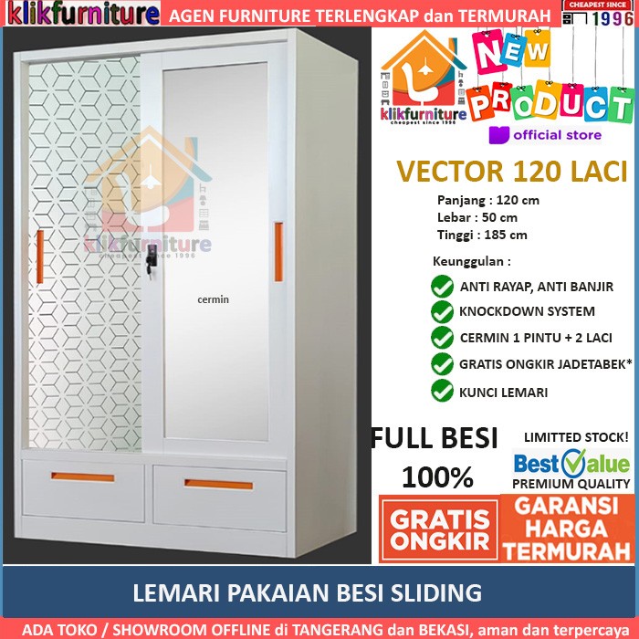 Lemari Pakaian Besi Sliding Cermin + 2 Laci + Brankas VIRGINIA 120 LC