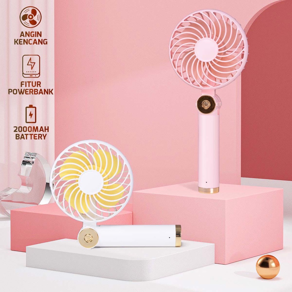 Kipas Angin Mini Fan Portable 2000mAh Ssb Mini Fan Tangan Lipat Meja Foldable Mini Fan Model WT-F31 Warna Putih dan Pink