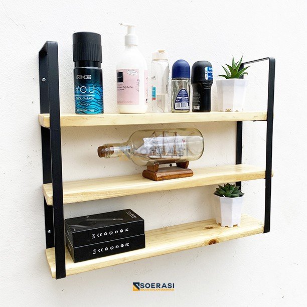 FUJI rak dinding 3 ambalan kayu dan besi buku make up hiasan dekorasi - Natural